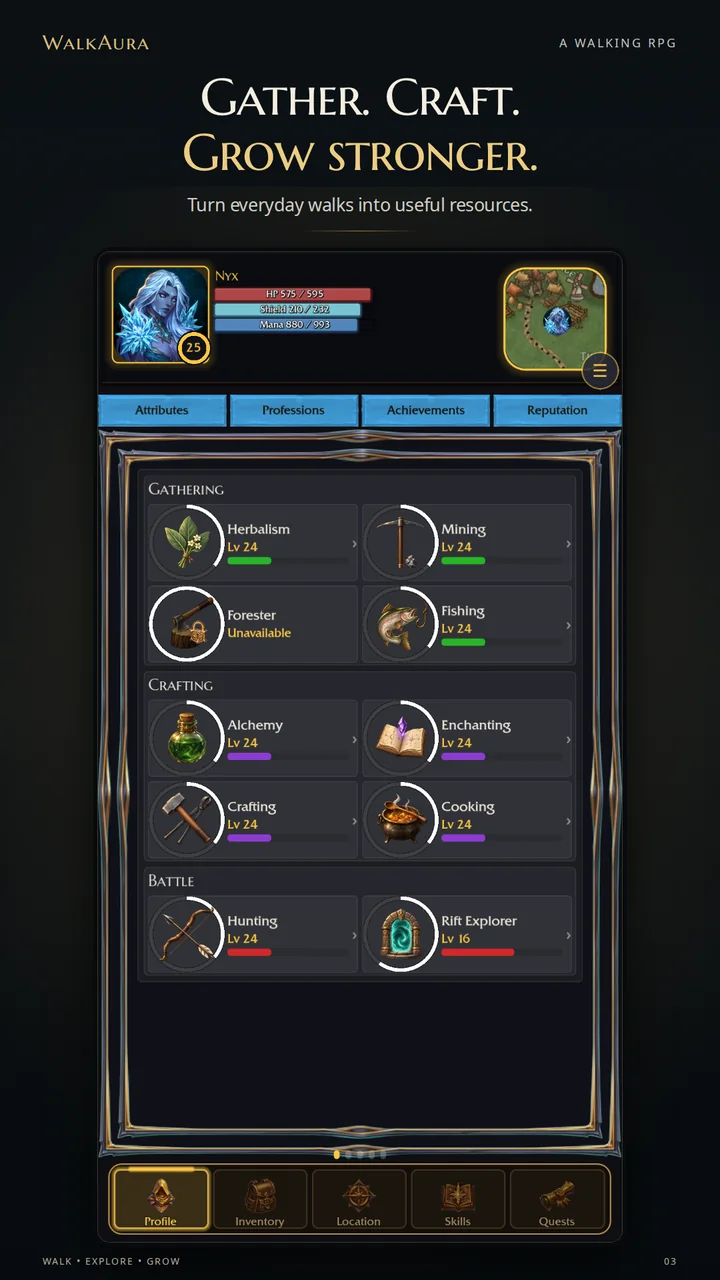 Gather. Craft. Grow stronger. Turn everyday walks into useful resources: the professions screen with gathering, crafting and battle skills.