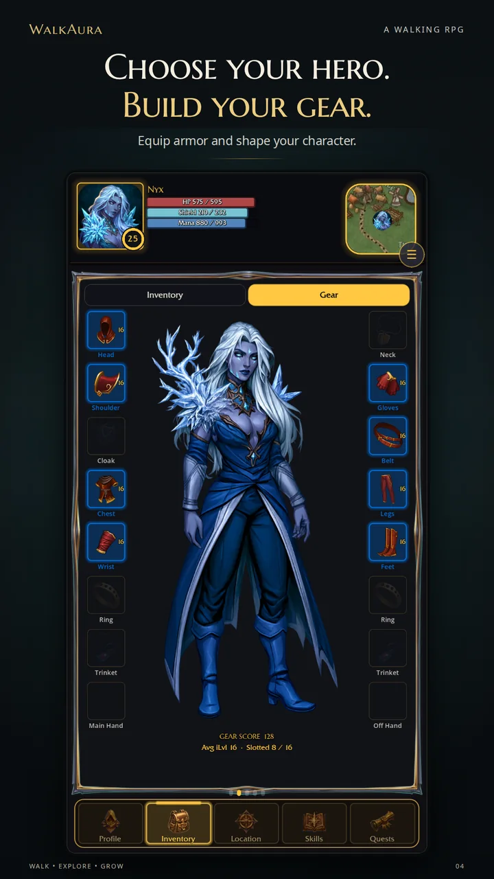 Choose your hero. Build your gear. Equip armor and shape your character: the equipment screen with a hero in armor.