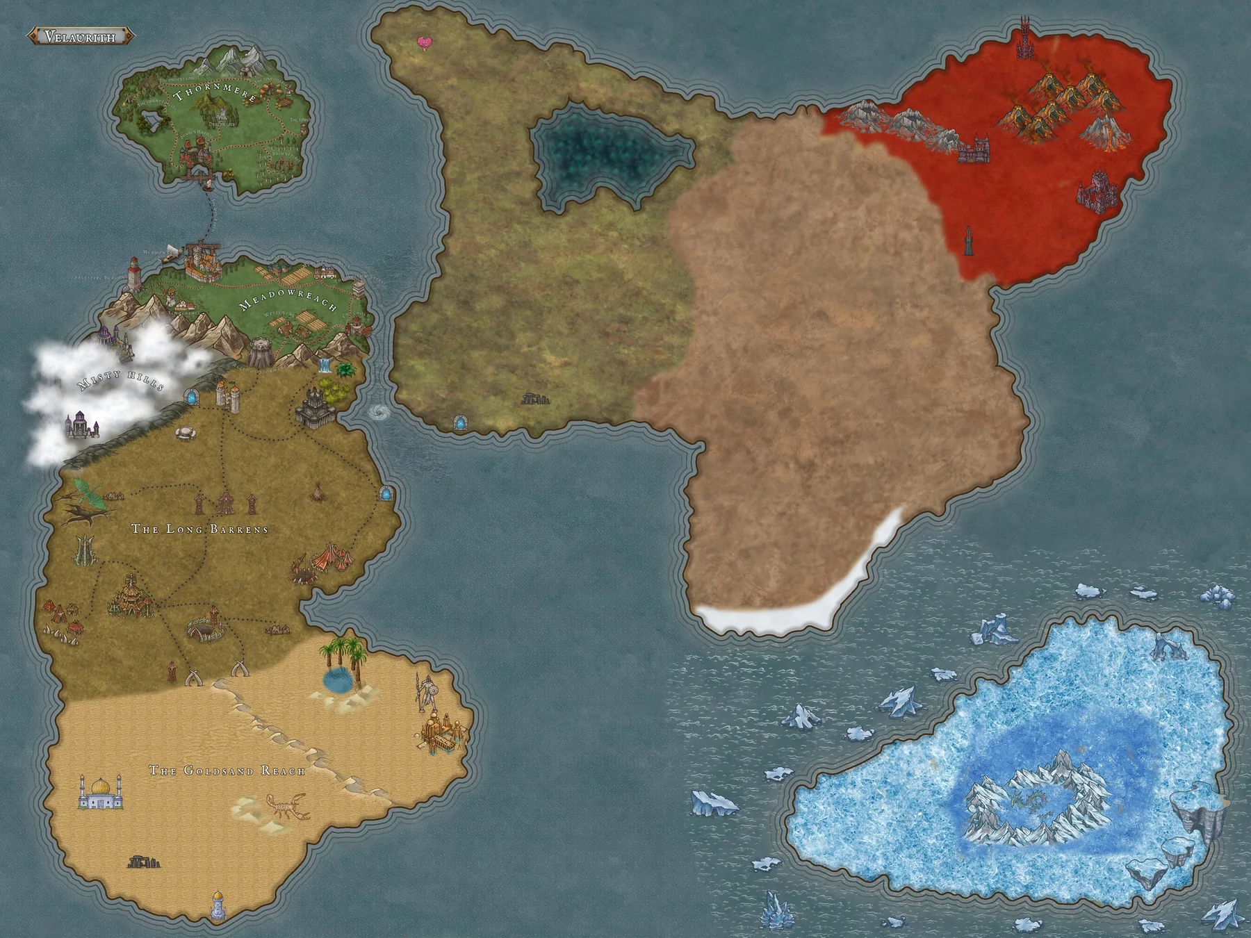 WalkAura world map, with the roads and landscapes of ThornMere and MeadowReach